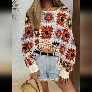 Bohemian Style Crochet Knit Cover-Up, Color Block Tassel Fringe Shawl Top,